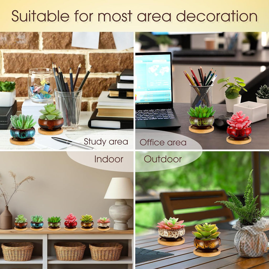 48 Pcs Ceramic Succulent Pots 2.5 Inch Small Plant Pots Indoor with Drainage and Bamboo Saucers Colorful Succulent