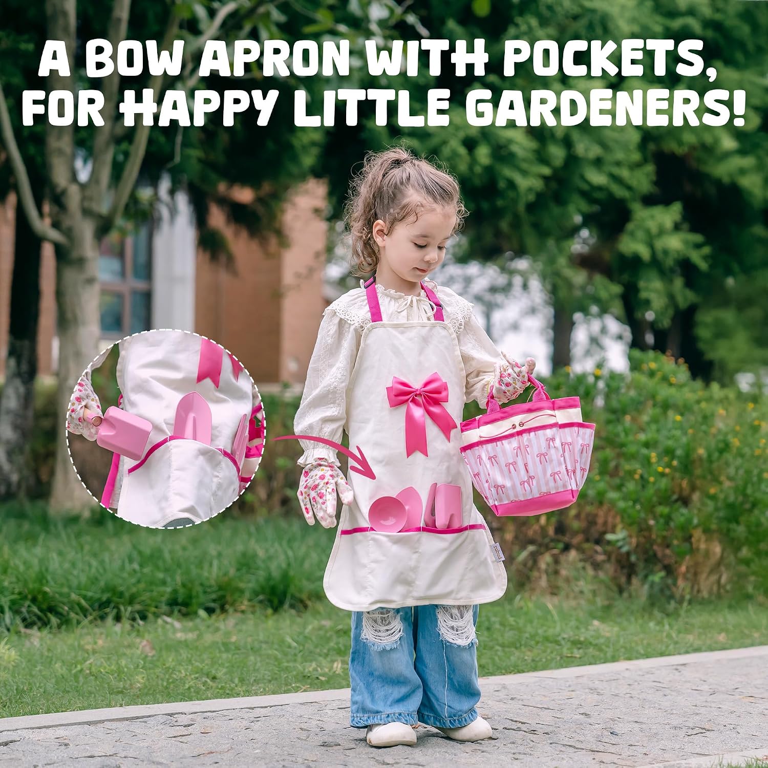 ROBUD Kids Gardening Set, Educational Outdoor STEM Gardening Toy Gift, Pink | 18 PCS Bow Theme, Storage Bag, Watering