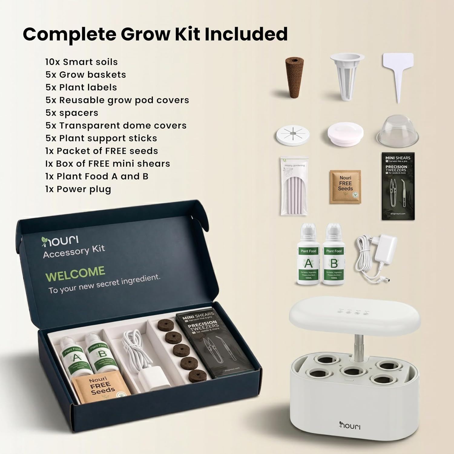Nouri Hydroponics Growing System, 5 pod Smart Indoor Herb Garden Kit with LED Grow Lights, Hydroponic Herb Garden