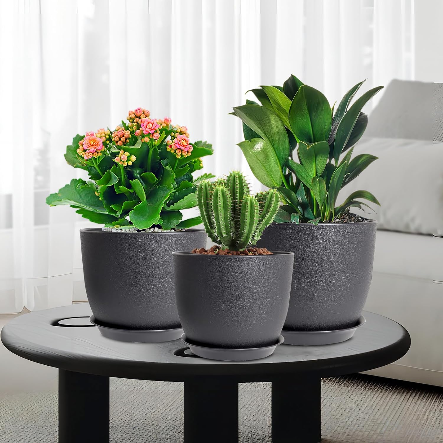 WSMKSZ 10/9/8 inch Medium Plant Pots, 3 Pack Modern Decorative Plastic Planters with Drainage Holes and Saucers, Flower