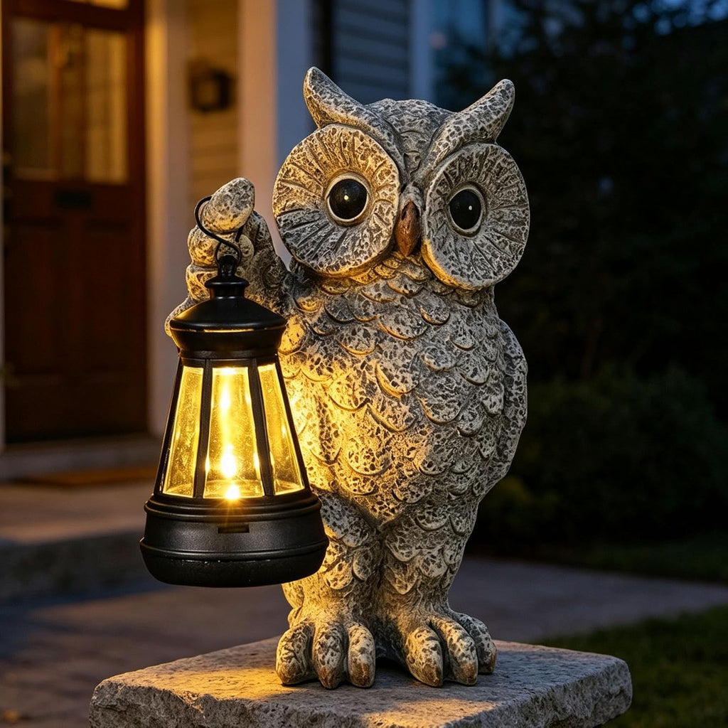 Solar Owl Garden Statue with LED Lantern, Waterproof Outdoor Resin Figurine (Grey Owl)