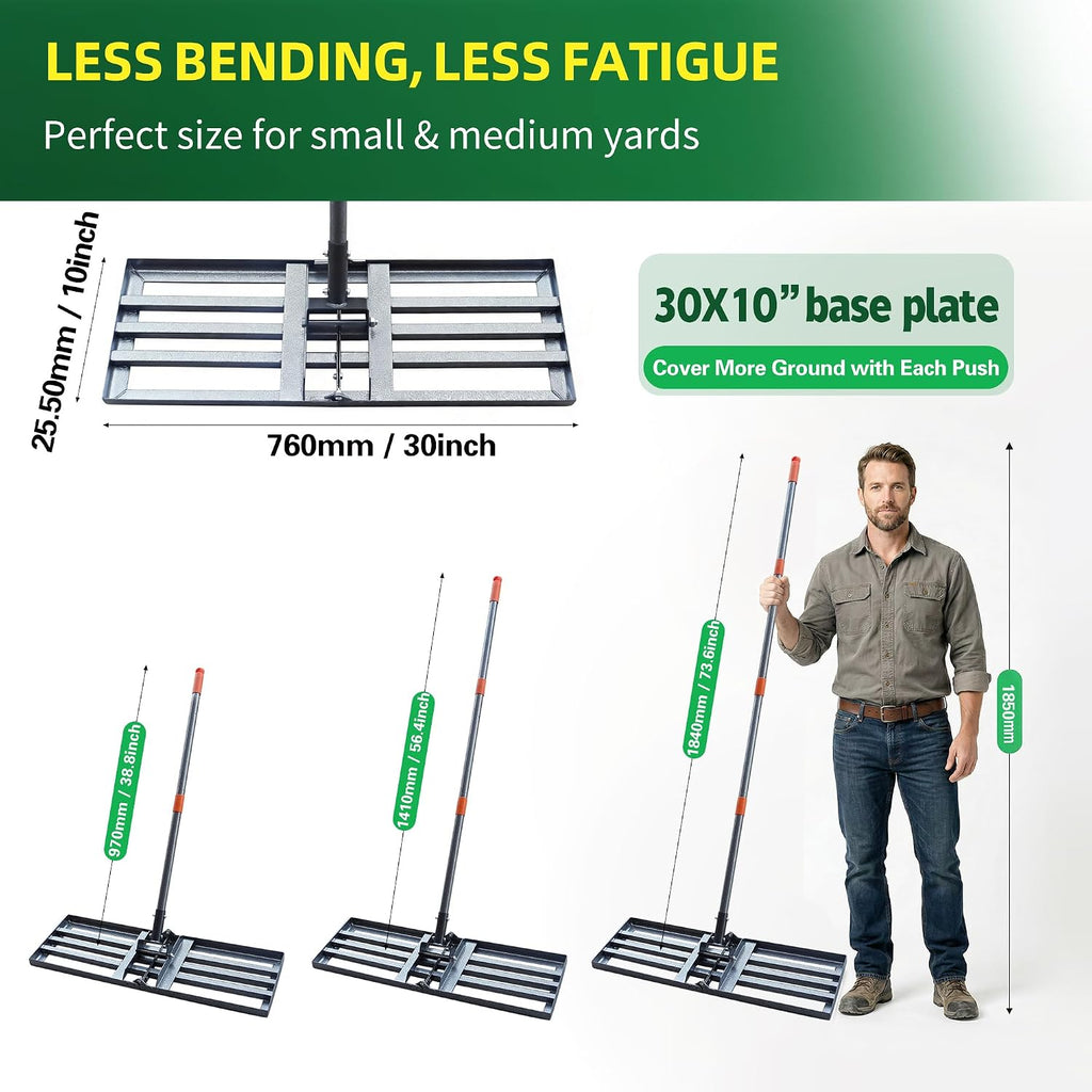 Lawn Leveling Rake 30x10 Inch, 6FT Heavy-Duty Carbon Steel Lawn Leveler – Yard Leveling Rake for Soil, Sand, Grass