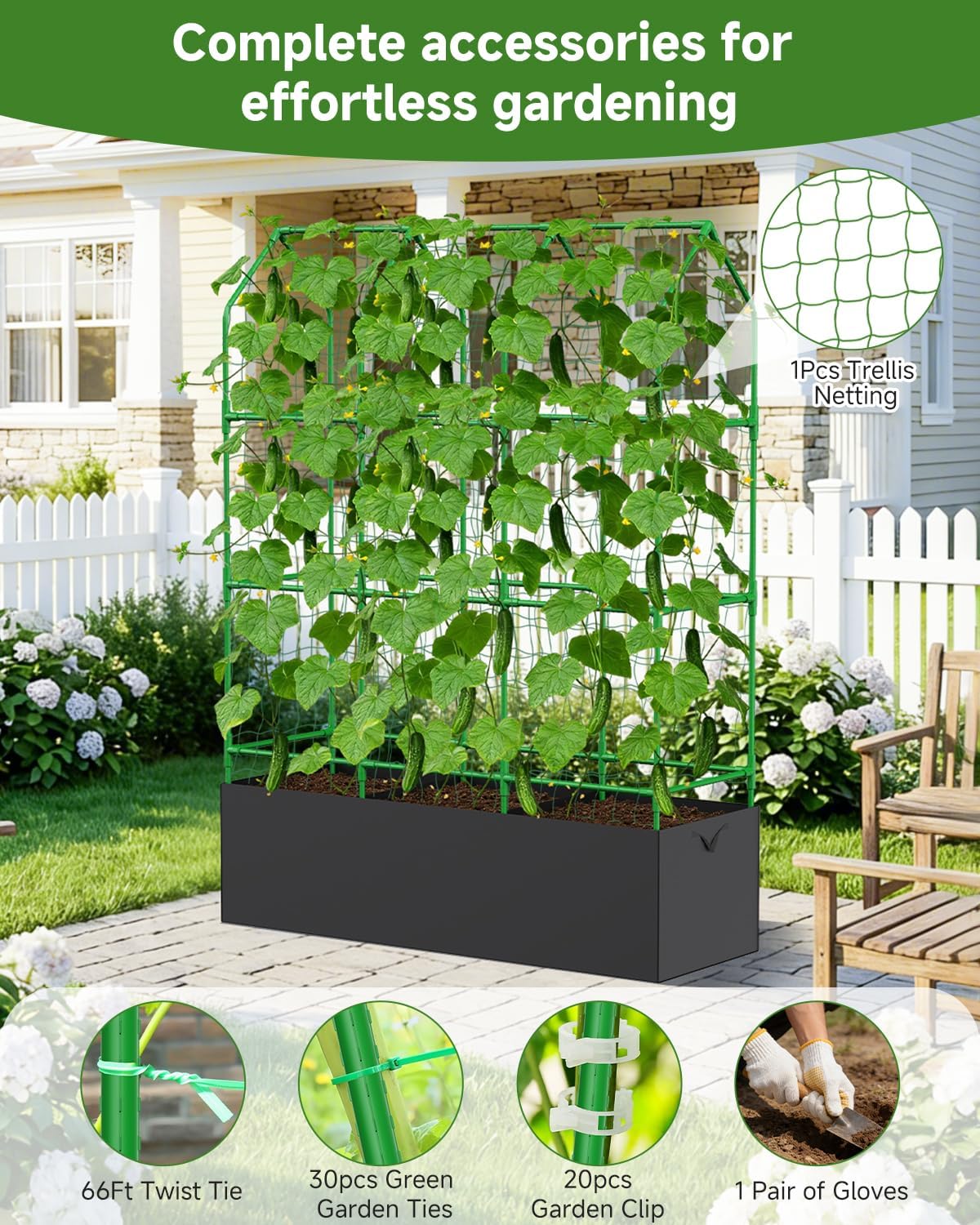 Cucumber Trellis with Grow Bag for Raised Bed, A-Shape Garden Trellis for Climbing Plants Outdoor, Metal Plant Trellis