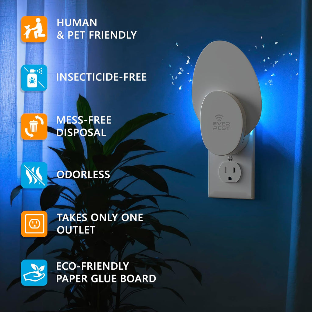 Indoor Electric Fly Trap (2-Pack) – Plug-in Insect Catcher with 4 Glue Cards for Fruit Flies, Gnats, Moths & Mosquitoes