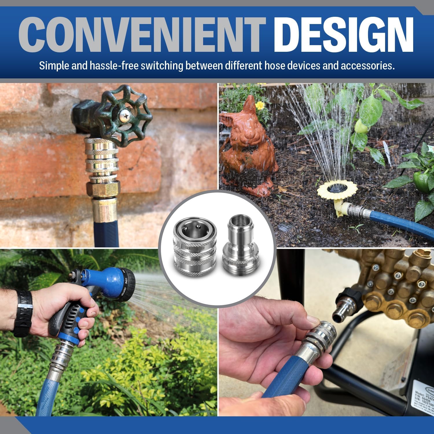 ¾” Stainless Steel Garden Hose Quick Connect Fittings | 1 Coupler & 3 Plugs Set