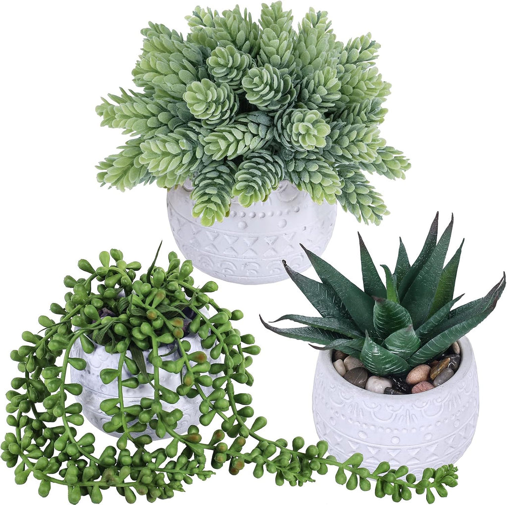 Winlyn 3 Pcs Assorted Small Potted Succulent Plants Artificial Aloe Hanging Succulent in White Geometric Concrete