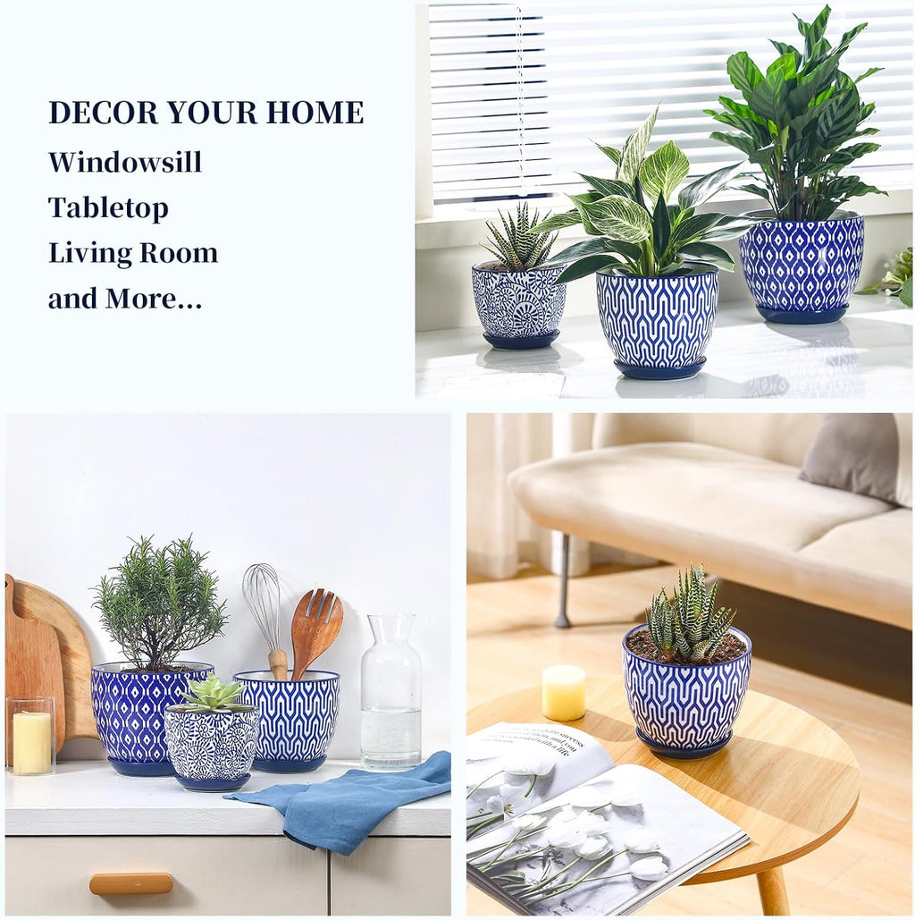 Selamica Ceramic Plant Pots, 4.6+5.6+6.5 Inch Planters with Drainage Holes & Saucer, Flower Pots for Indoor Plants