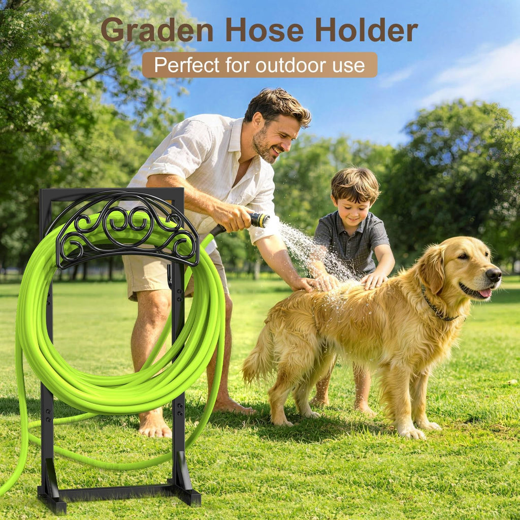 Freestanding Garden Hose Stand, Heavy Duty Water Hose Holder with Tool Hooks, 4 Anchoring Spikes, 150 ft Storage for