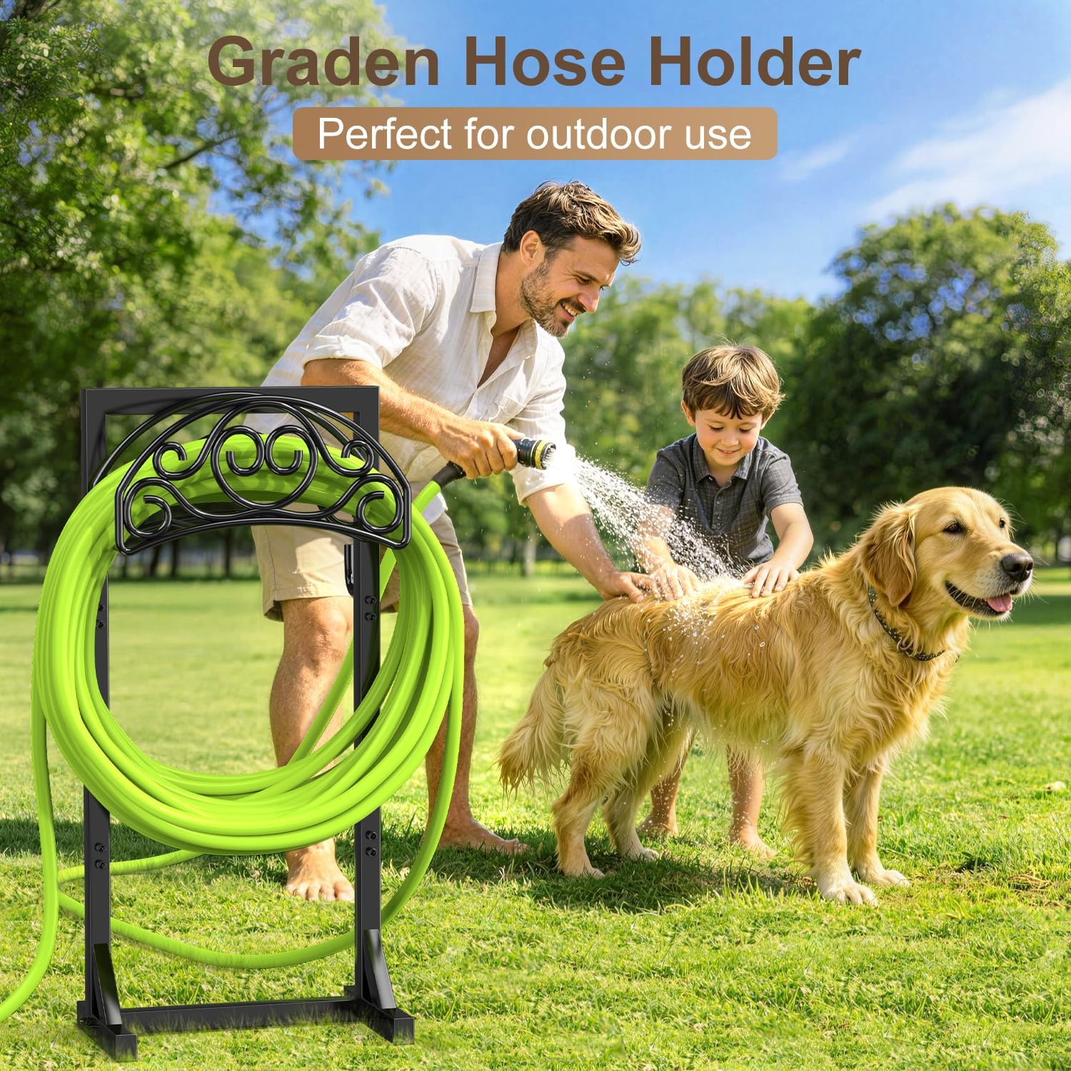 Freestanding Garden Hose Stand, Heavy Duty Water Hose Holder with Tool Hooks, 4 Anchoring Spikes, 150 ft Storage for