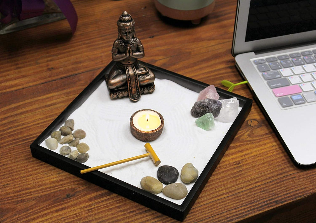 Nature's Mark Mini Zen Garden Kit for Desk with Rake, White Sand, Buddha Figures, Tea-Light Holder Black Square Base
