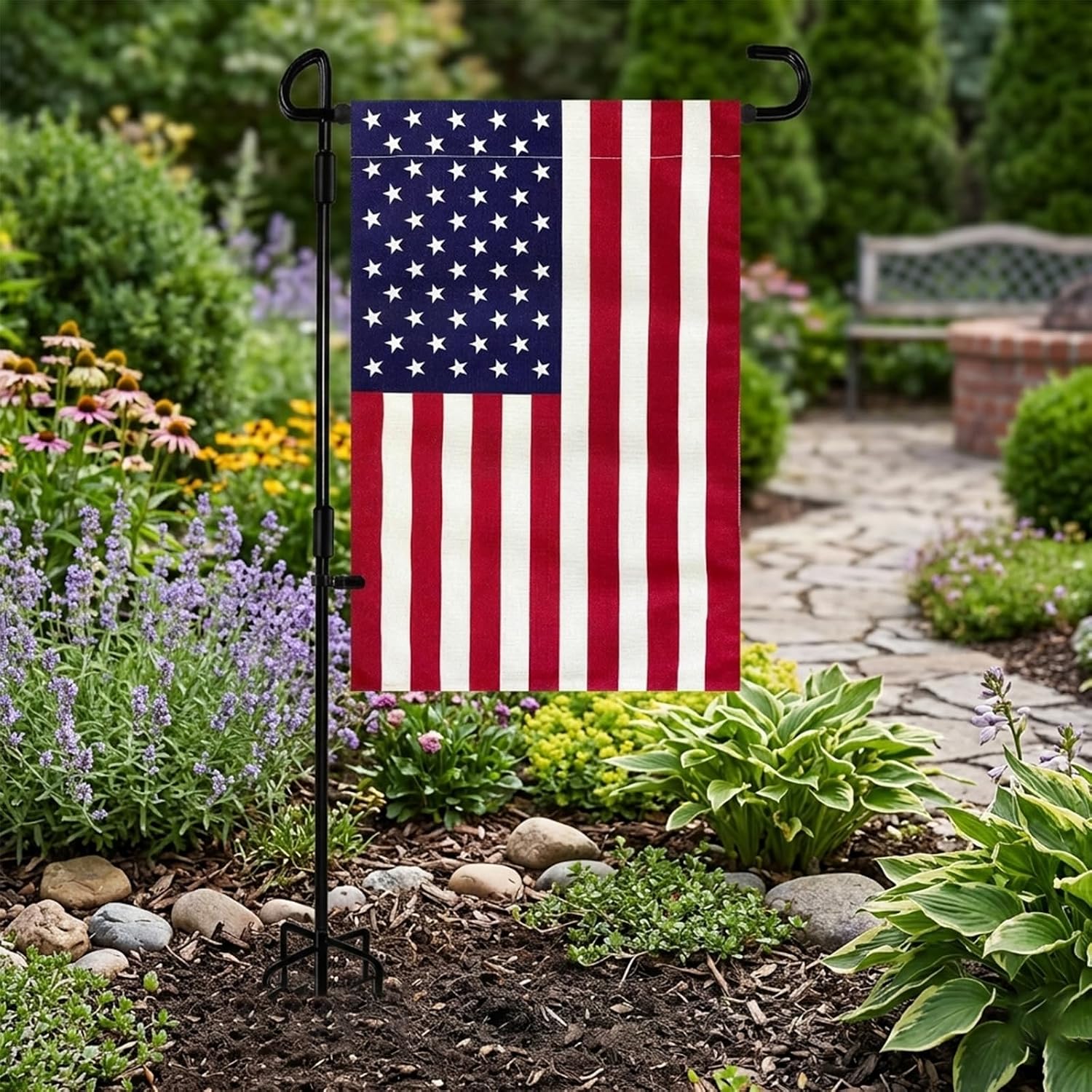 JRED Garden Flag Stand with American Garden Flags 12x18 Inch, Metal Yard Flag Holder Garden Flag Pole with Clips and