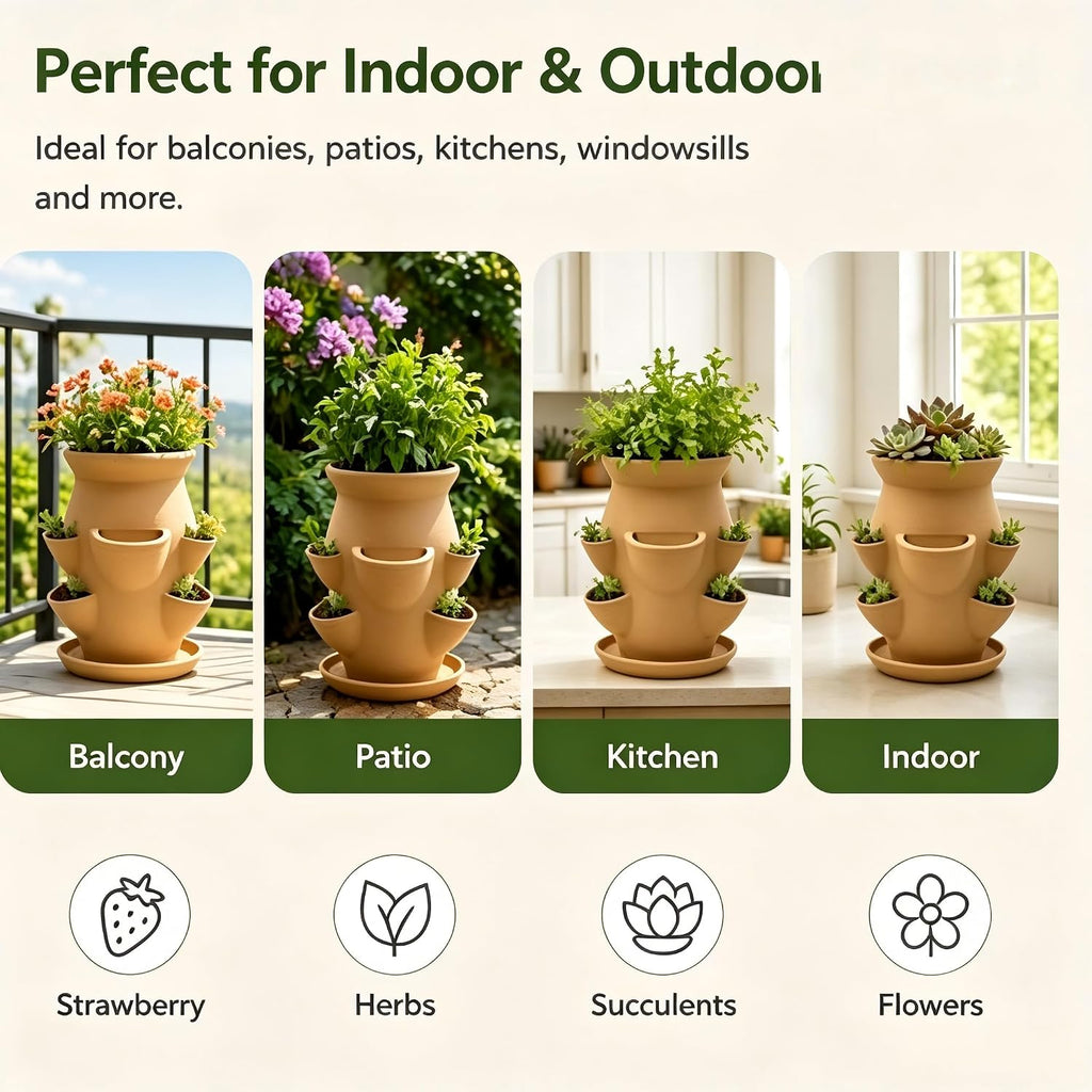 Strawberry Planter Pot Tower,Multi-Pocket Vertical Terracotta Plant Pot,Embossed Stacked Growing Pot for Succulent Herb