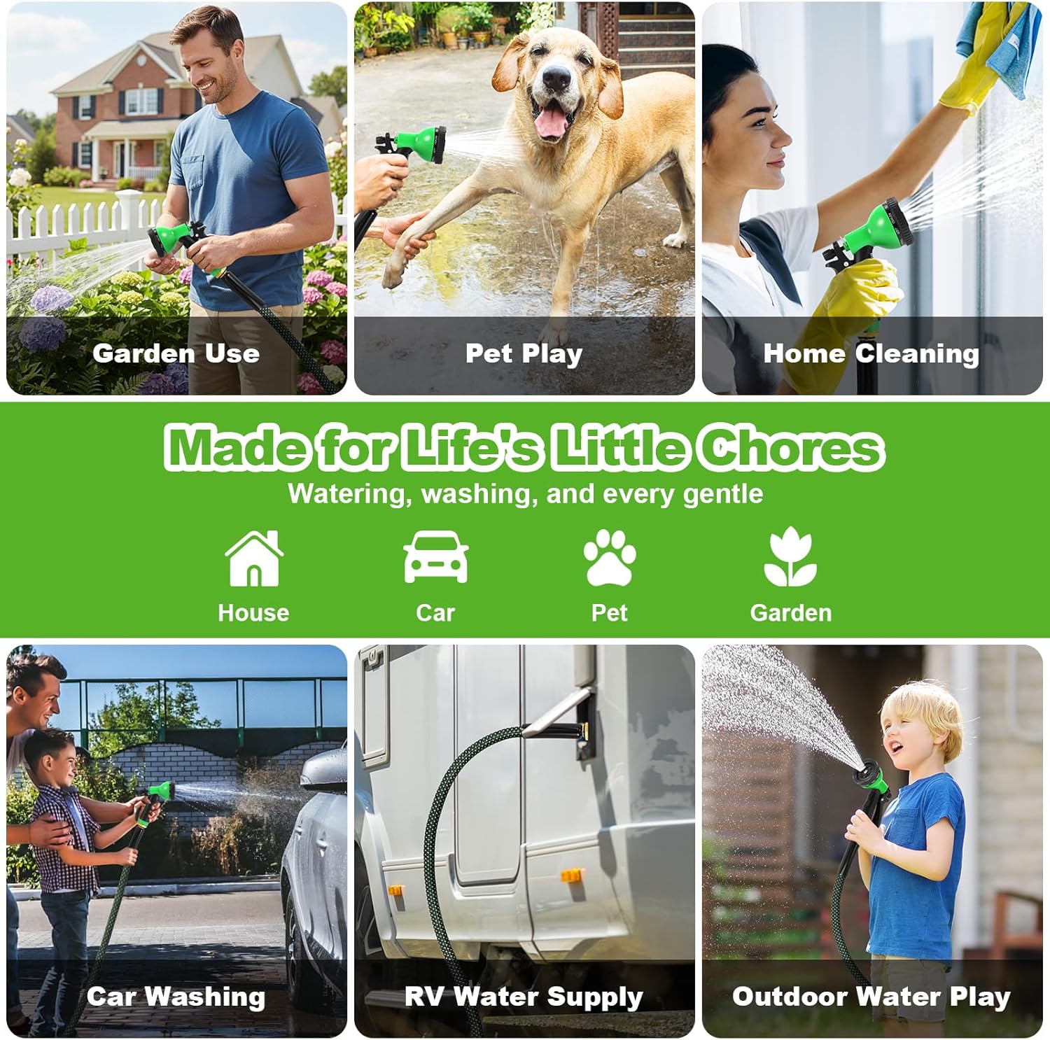 Garden Hose 50ft, Non-Expanding Water Hose with 10 Function Nozzle | Lightweight, Kink Free, Sturdy, Leak-Proof