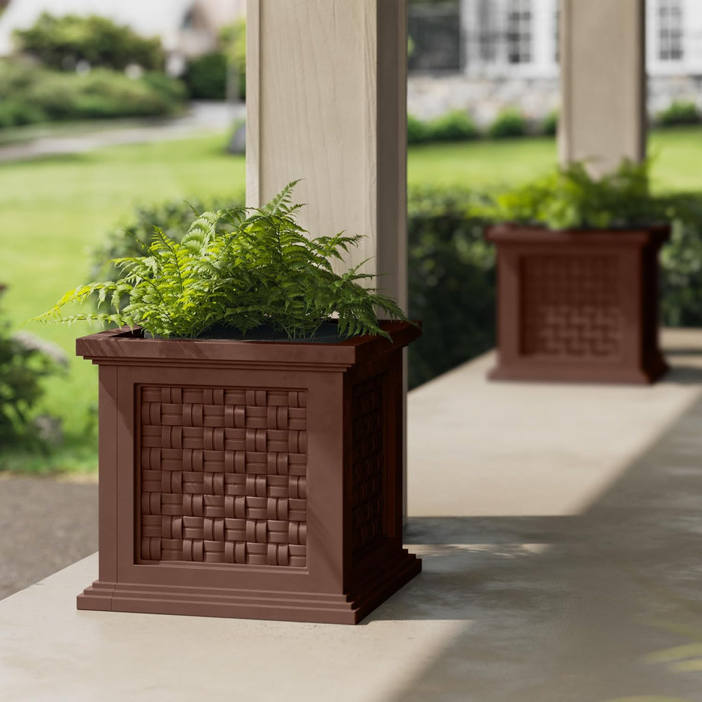 Rattan Style Outdoor Planter Box - 14.65-Inch-Square Decorative Flower or Plant Pot - Garden, Patio and Front Porch