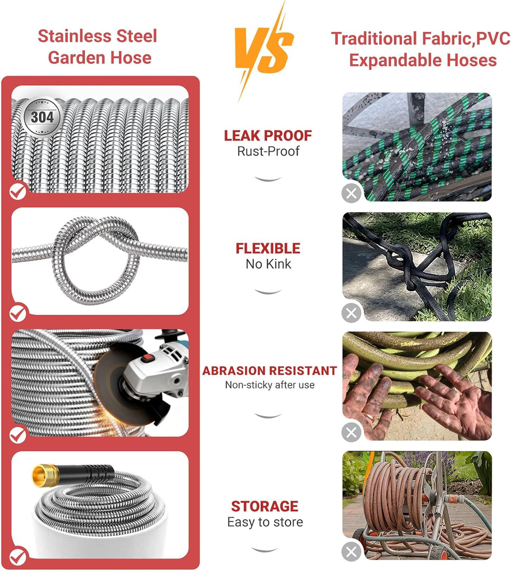 100ft Metal Garden Hose - Heavy Duty 304 Stainless Steel Flexible Water Hose, No Kinks & Leak-Proof with Upgraded