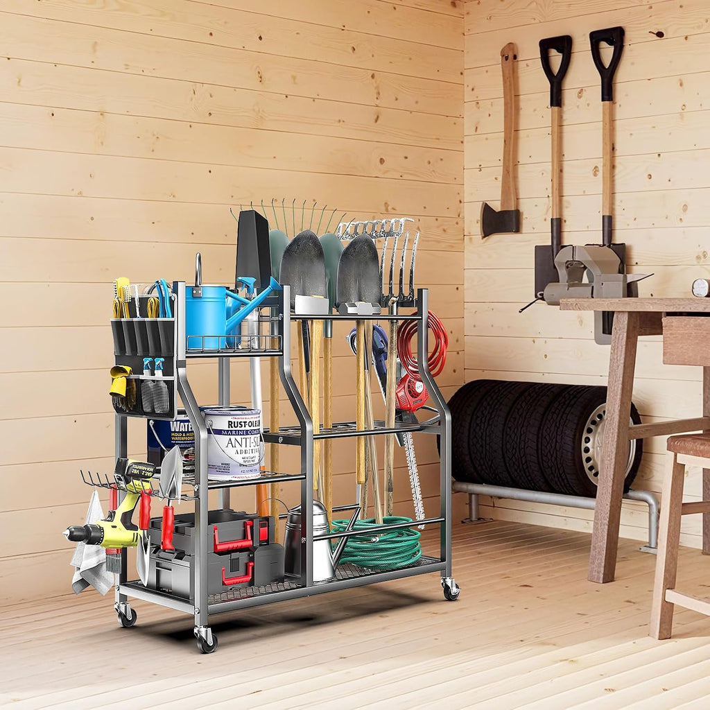 36" Large Garden Tool Organizer with Wheels & Side Tool Bag, 3 Tier Rolling Garage Storage Rack for Long Handled Rakes