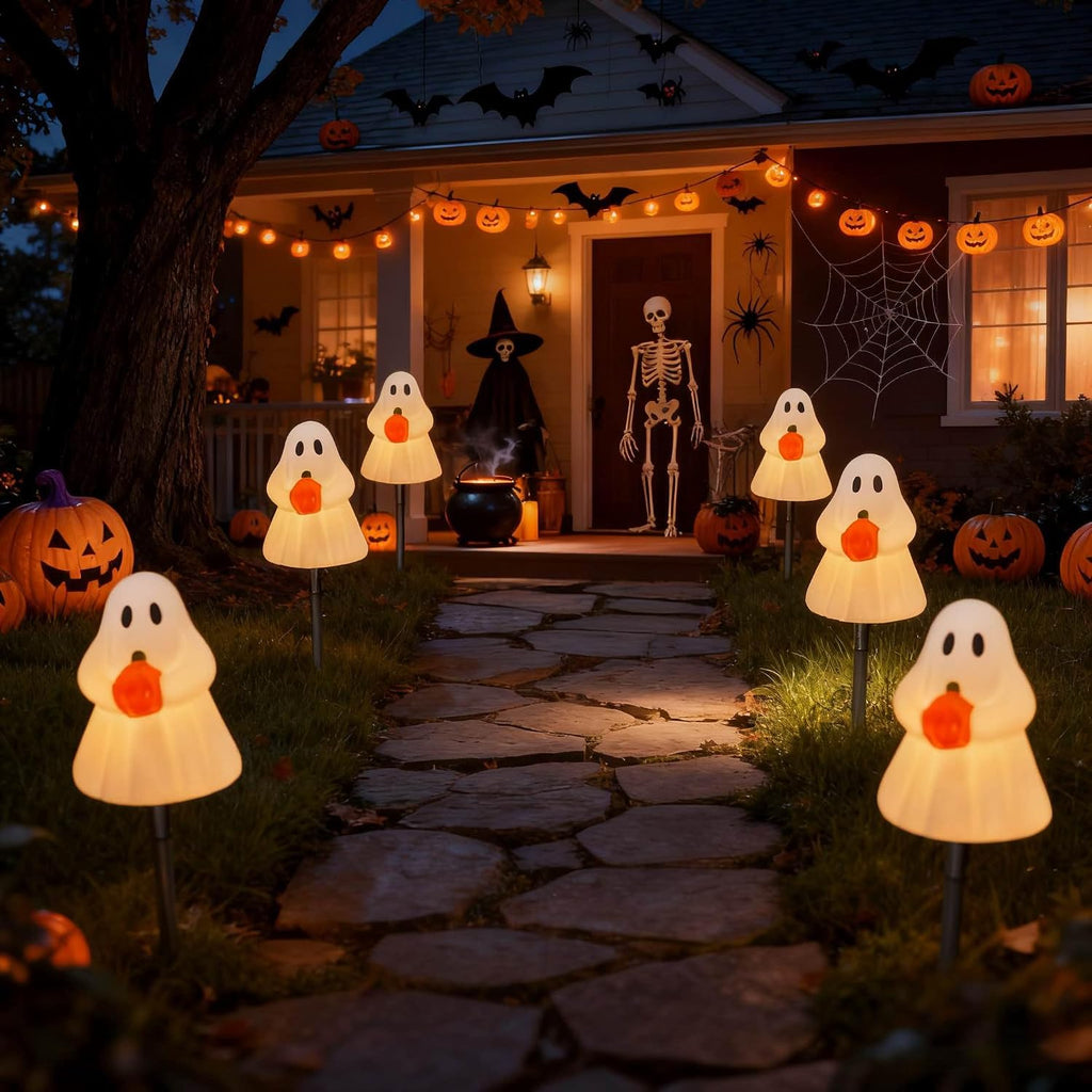 Halloween Ghost Pathway Lights, 7Ft Ghost Pathway Decoration Lights with 4 Clear C7 LED Bulbs, Ghost Pathway Extendable Pathway String Light for Halloween Holiday Outdoor Pathway Garden Walkway Decor