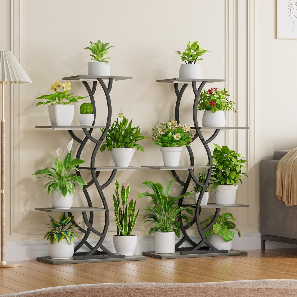 Plant Stand Indoor with Grow Lights - 5 Tiered Corner Plant Shelves (Gray) | 44" Tall Metal Plant Shelf, S-Shape