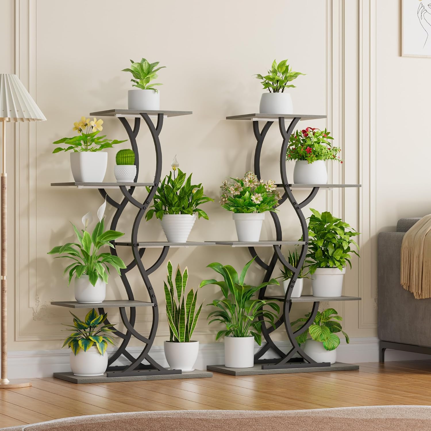 Plant Stand Indoor with Grow Lights - 5 Tiered Corner Plant Shelves (Gray) | 44" Tall Metal Plant Shelf, S-Shape