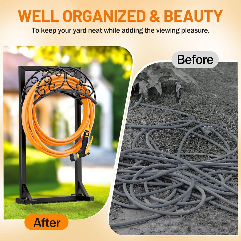 Garden Hose Holder for Outside - Upgraded Water Hose Holders with 5 Spikes & 2 Shepherds Hooks, Freestanding Hose Stand