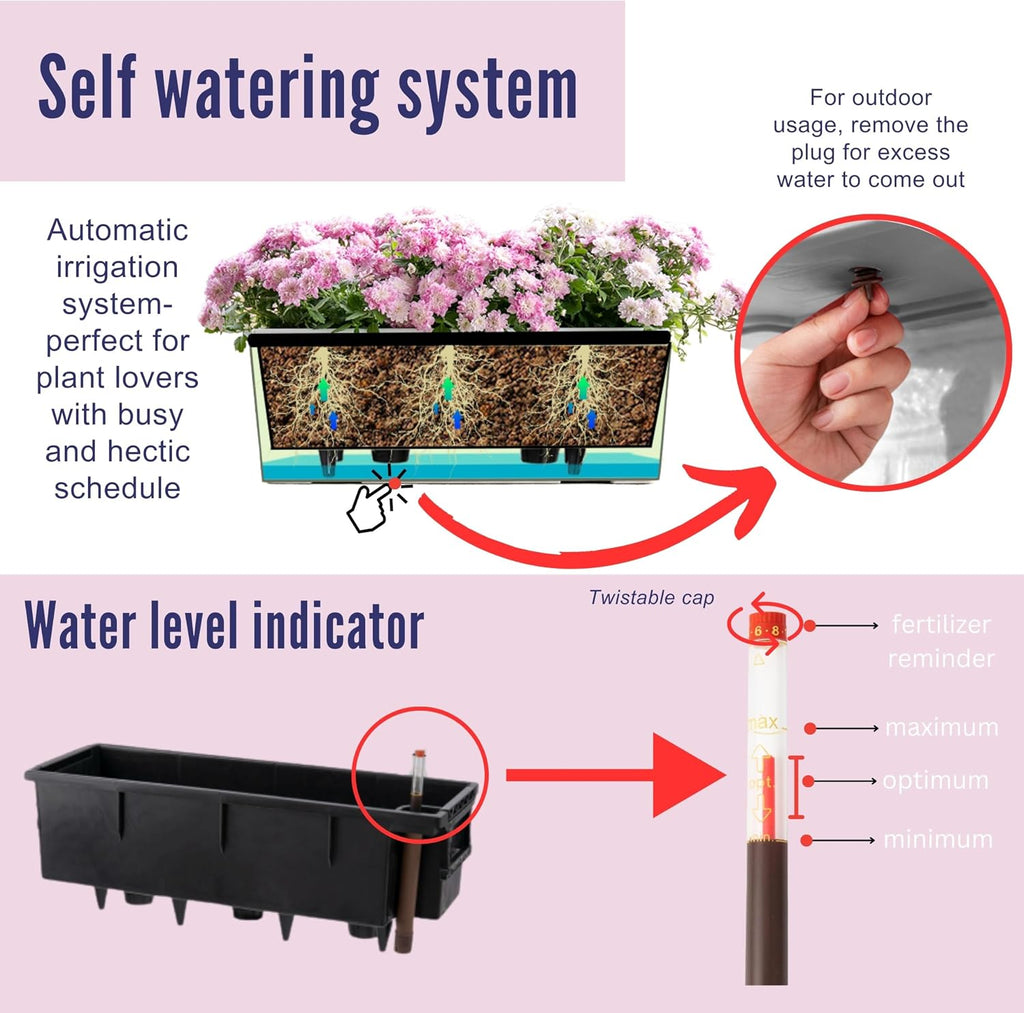 LaLaGreen Deck Railing Planter Box (20 Inch, 4 Pack) White Rectangular Window Flower Boxes with Bracket, Self Watering