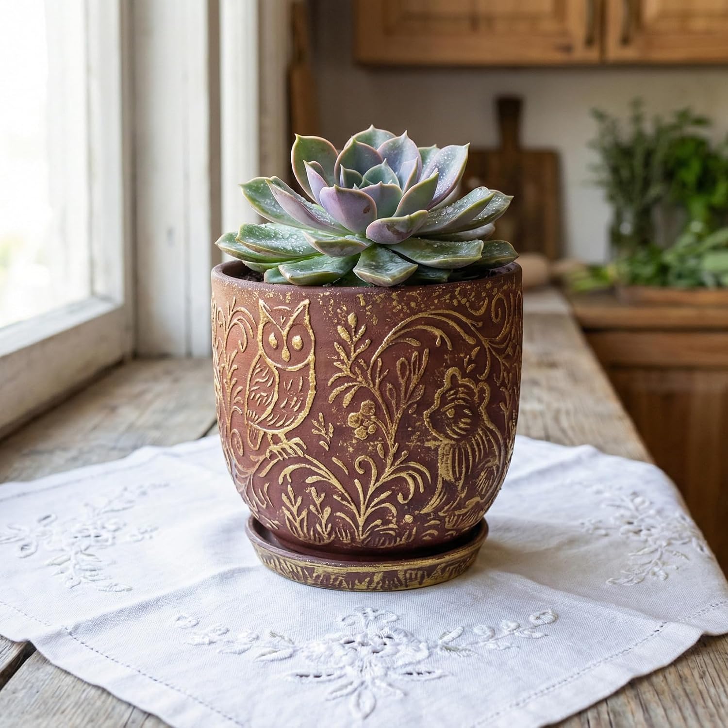 Decorative Ceramic Planter Pot with Saucer, Brown with Gold and Silver Owl Pattern, Indoor Garden Container with