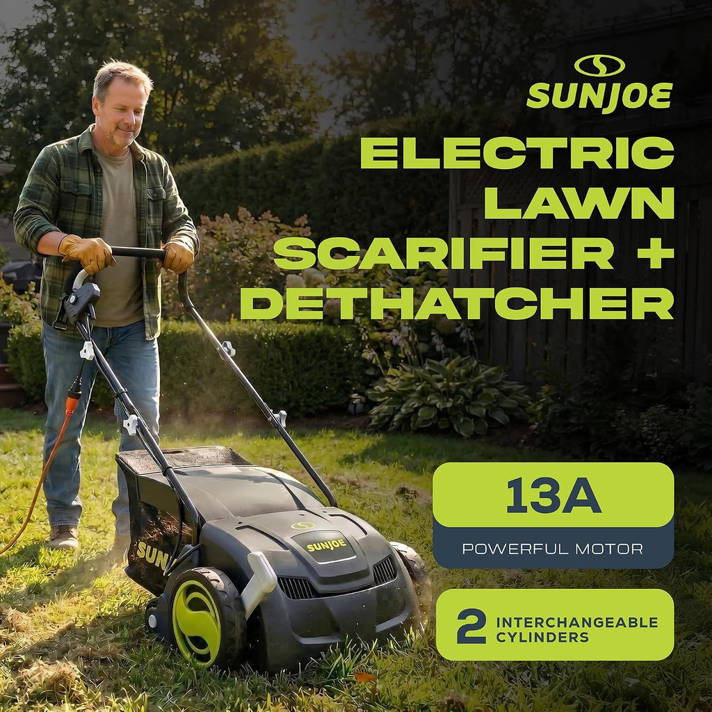 Sun Joe Electric Dethatcher & Scarifier, Corded, with 8-Gal Bag, 12.6-Inch Cutting Width, 12-Amp Motor - Heavy-Duty