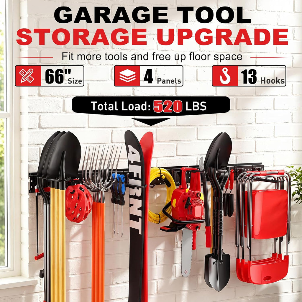 Garage Tool Organizer Wall Mount 66 inches with 13 Adjustable Heavy-Duty Hooks, Garage Organization, Garden Tool