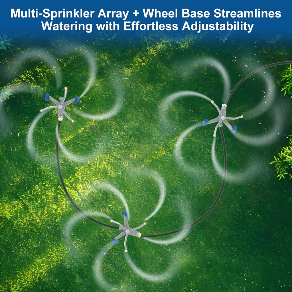Sprinklers for Yard, 3-Arm Metal Sprinkler with Wheel Base, 360-degree Automatic Rotary Lawn Sprinkler System for