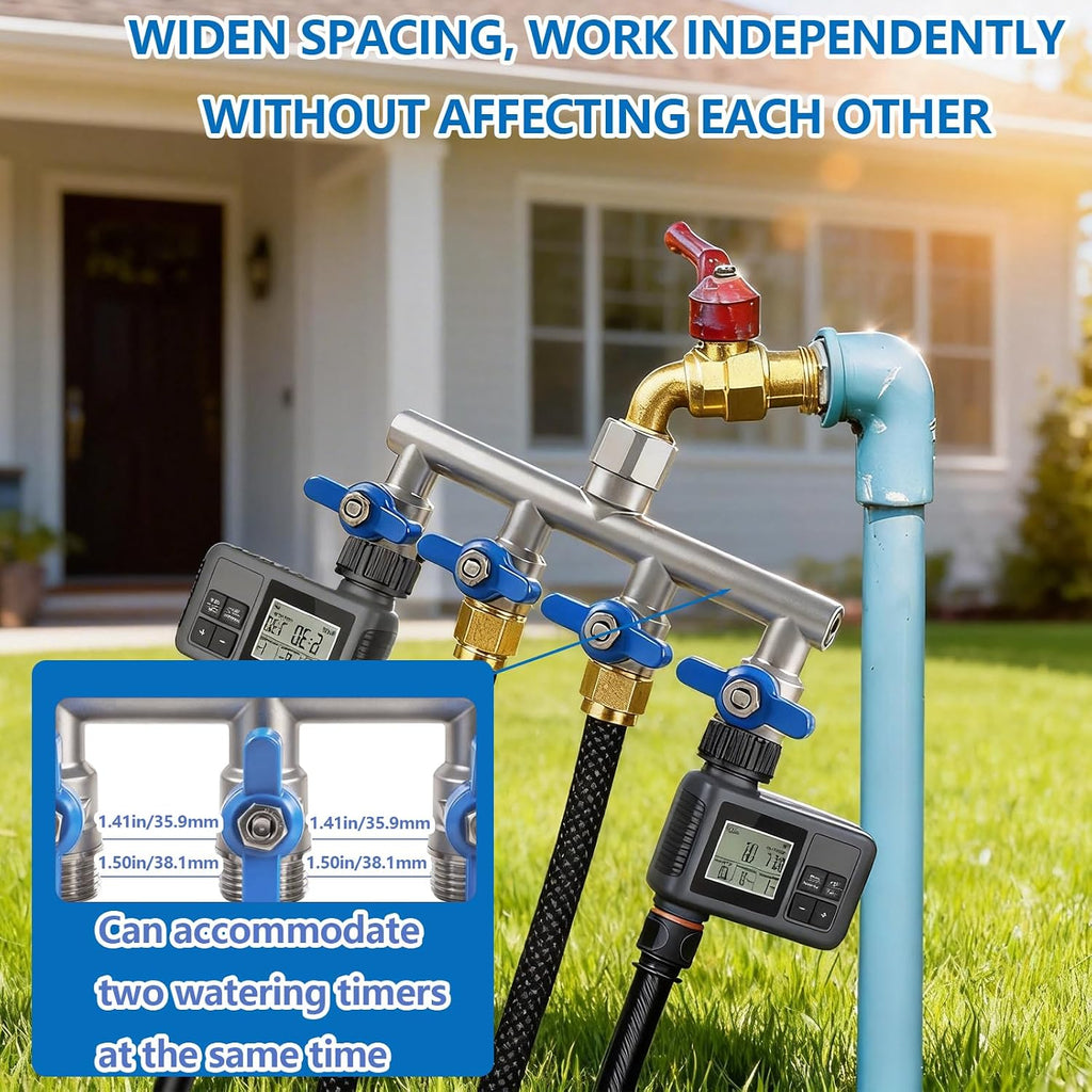 304 Stainless Steel Garden Hose Splitter 4 Way Heavy Duty, Full Flow T Valve Water Hose Splitter With 2.1" Extra Long