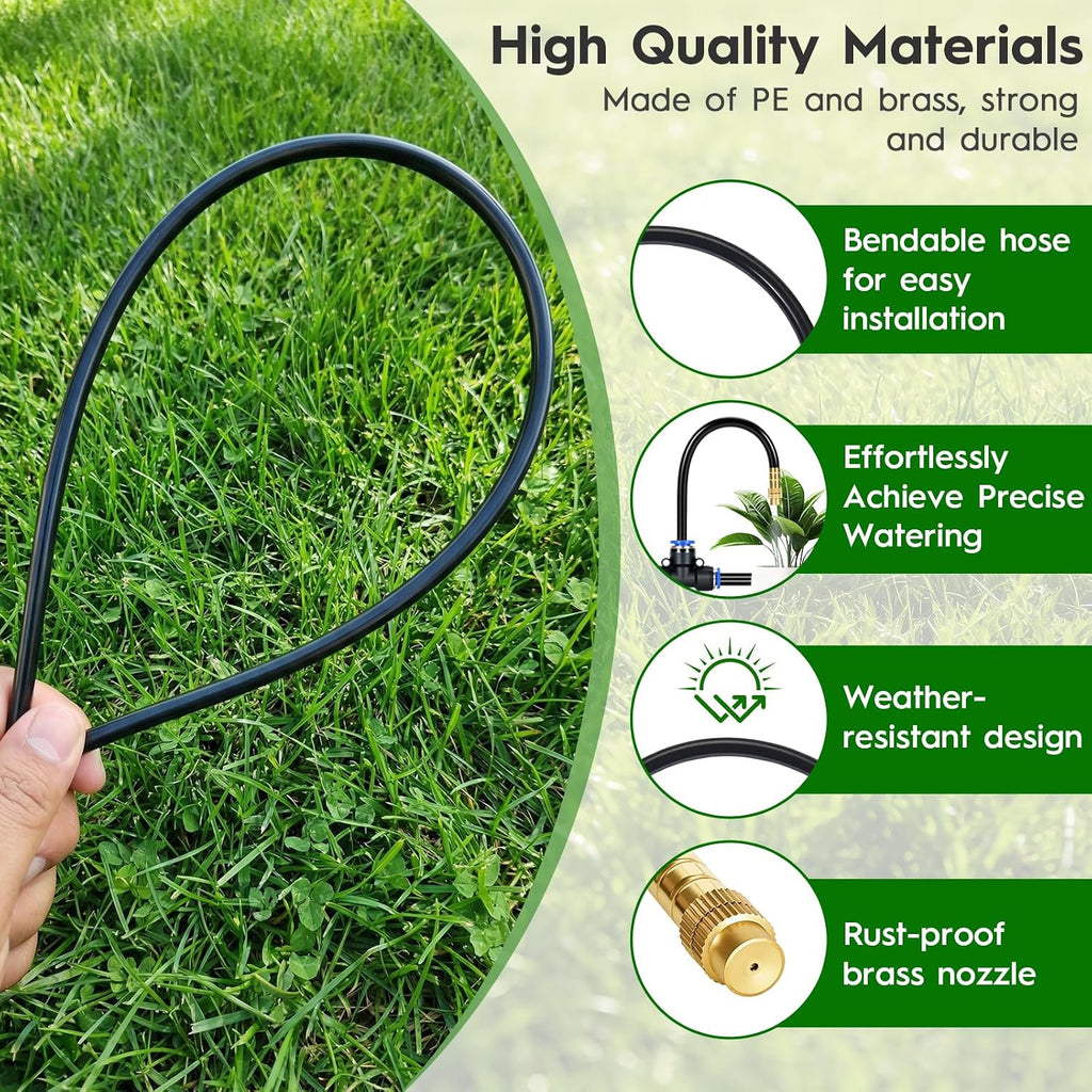 100FT Drip Irrigation System, 1/4" PE Tubing Garden Watering System with 20pcs 360° Bendable Copper Nozzles