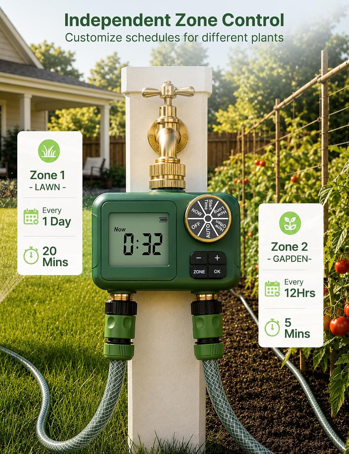 MOES 2-Zone Water Timer for Garden Lawn Hose, Brass 3/4 Inlet & Outlets | Independent Dual-Outlet Sprinkler Timer