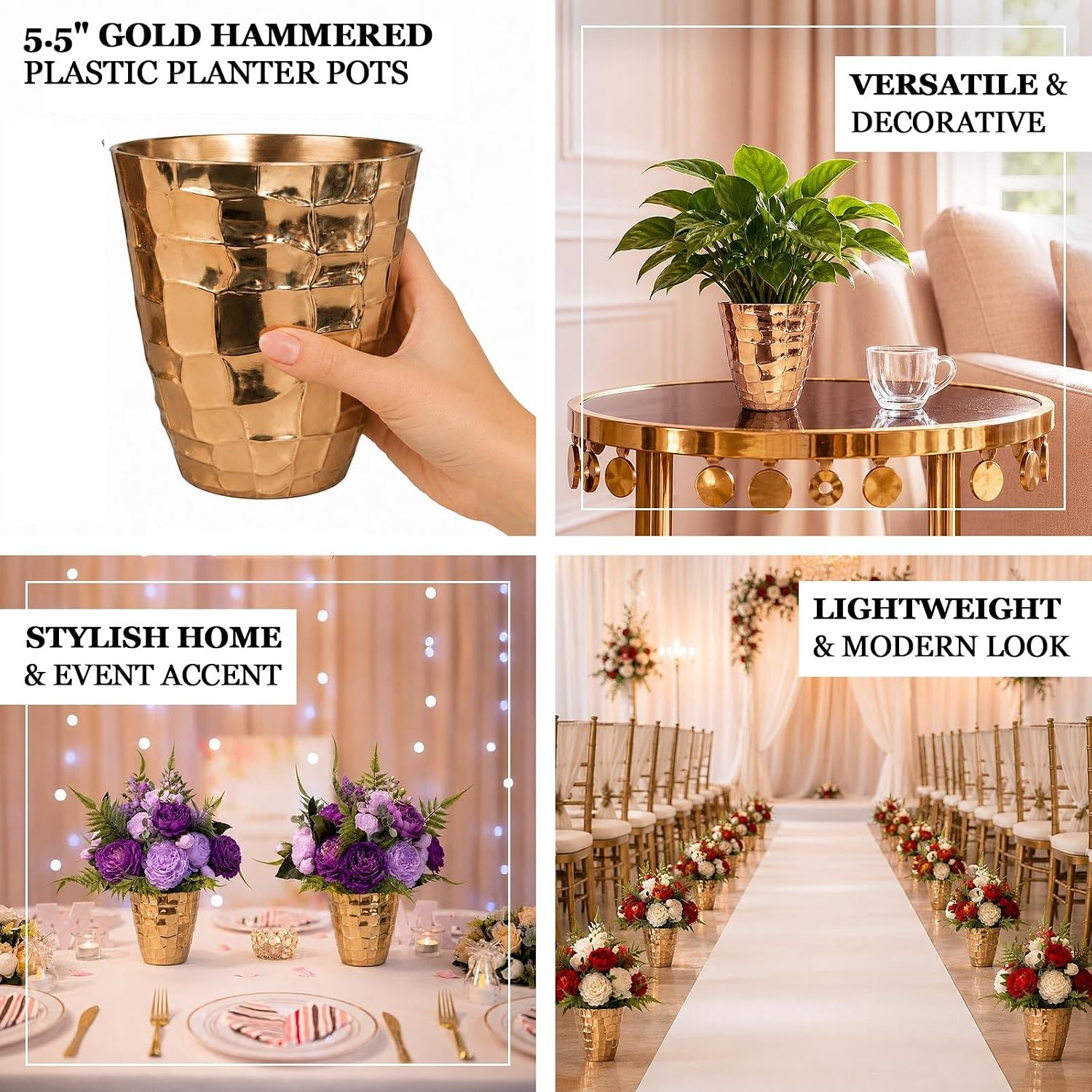Efavormart 6 Pack Gold Hammered Planter Pots 5.5" – Indoor Decorative Plastic Plant Pots for Succulents, Flowers & Herbs