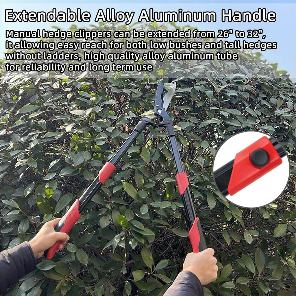 YRTSH Hedge Shears, Extendable 26"-32" Hedge Clippers with Sharp Wavy Blade | Manual Hedge Shears for Trimming Borders