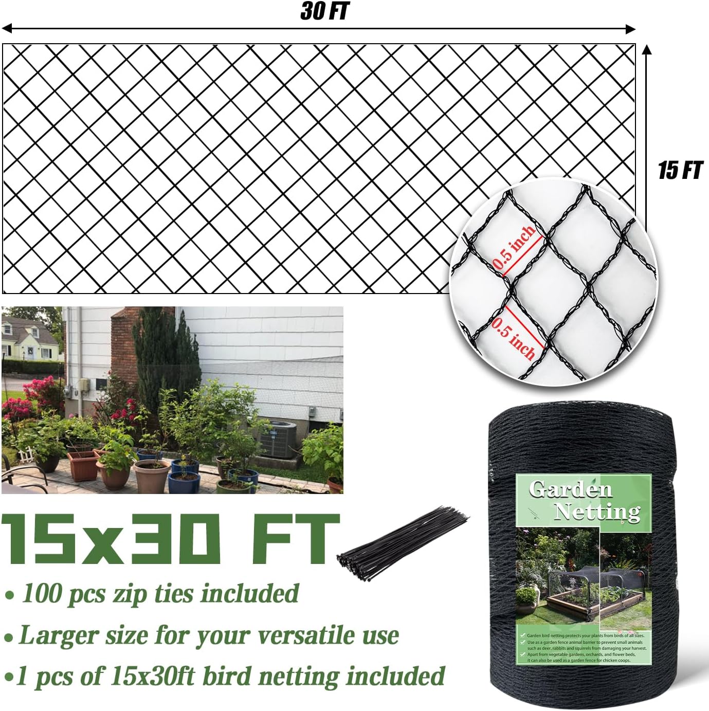 15 x 30 FT Bird Netting,1/2" Mesh Garden Netting,100PCS Zip Ties | Heavy Duty Bird Net Poultry Netting Fence for