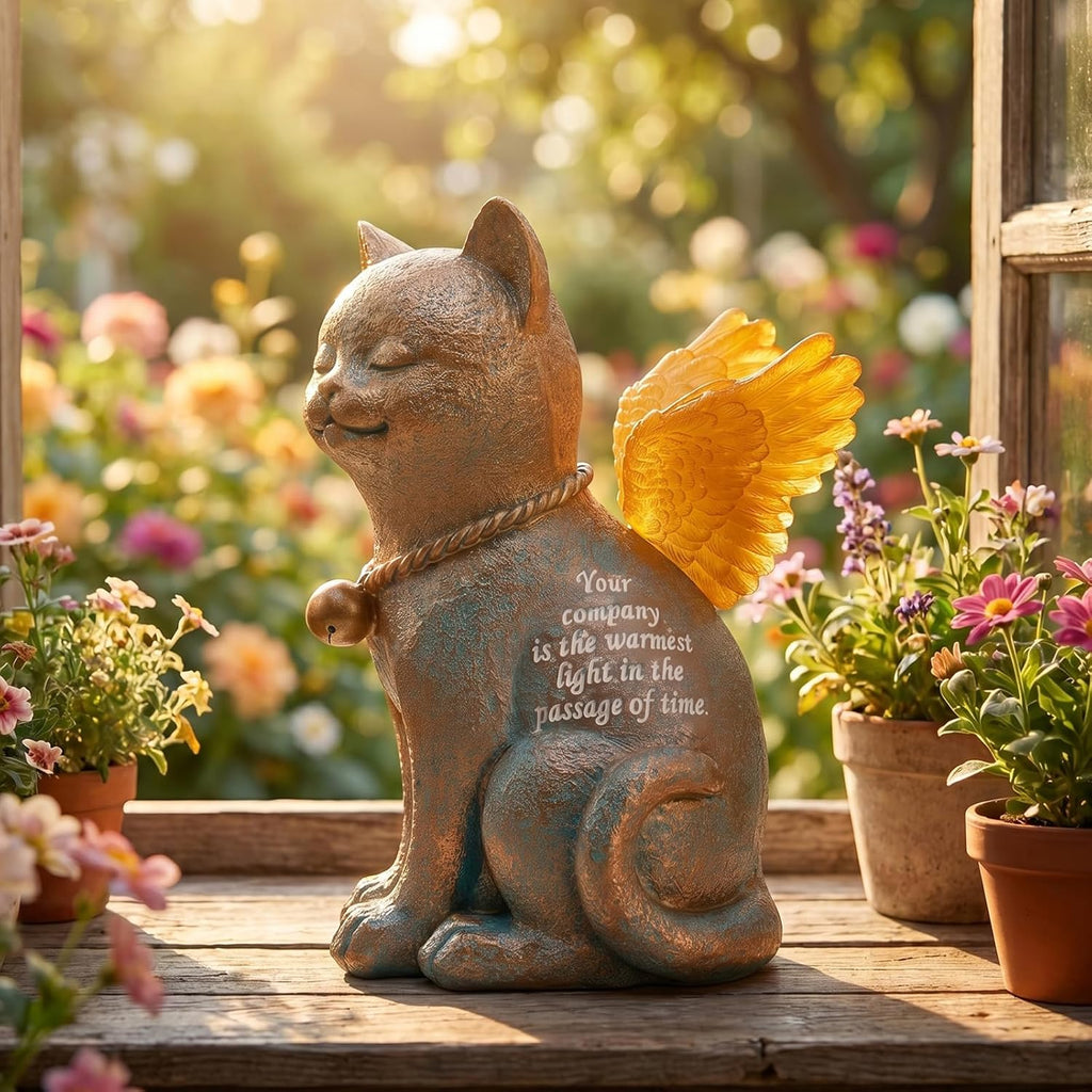 Pet Memorial Angel Cat Statue - Solar Powered Glowing Resin Garden Statue | Waterproof with LED Light Wings, Memorial