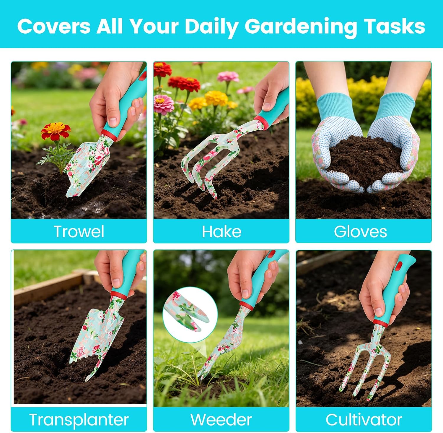 Garden Tools 10 Pack Floral Pattern Garden Tool Set with Tote Bag, Rust-Proof Aluminum Gardening Tools Set, Heavy Duty