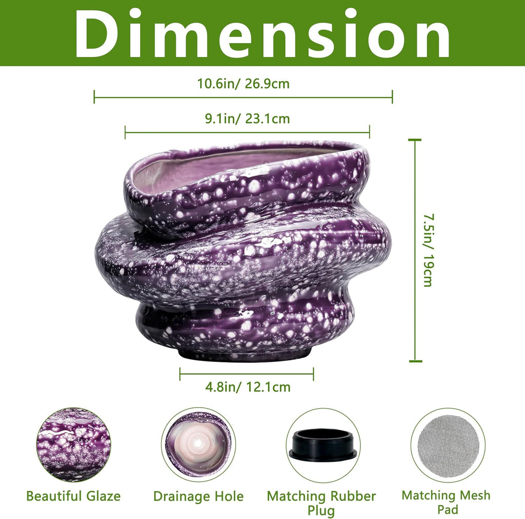 Ceramic Pots for Plants - 10.6 Inch Ceramic Plant Pots Indoor with Drainage Hole, Unique Planters for Indoor Outdoor