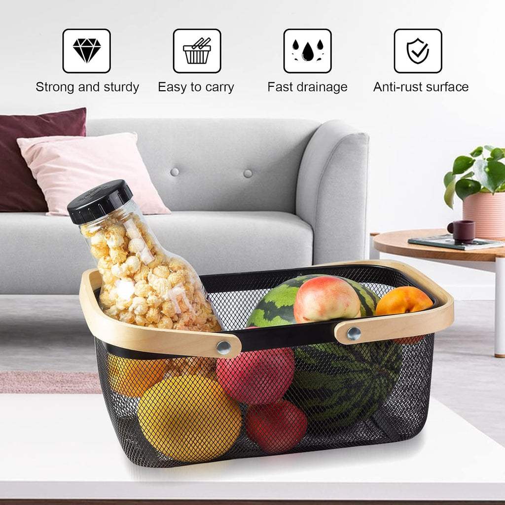 Portable Garden Harvest Basket-Mesh Design Natural Bamboo Handle Wire Storage Baskets,Mesh Basket with Handle Organize