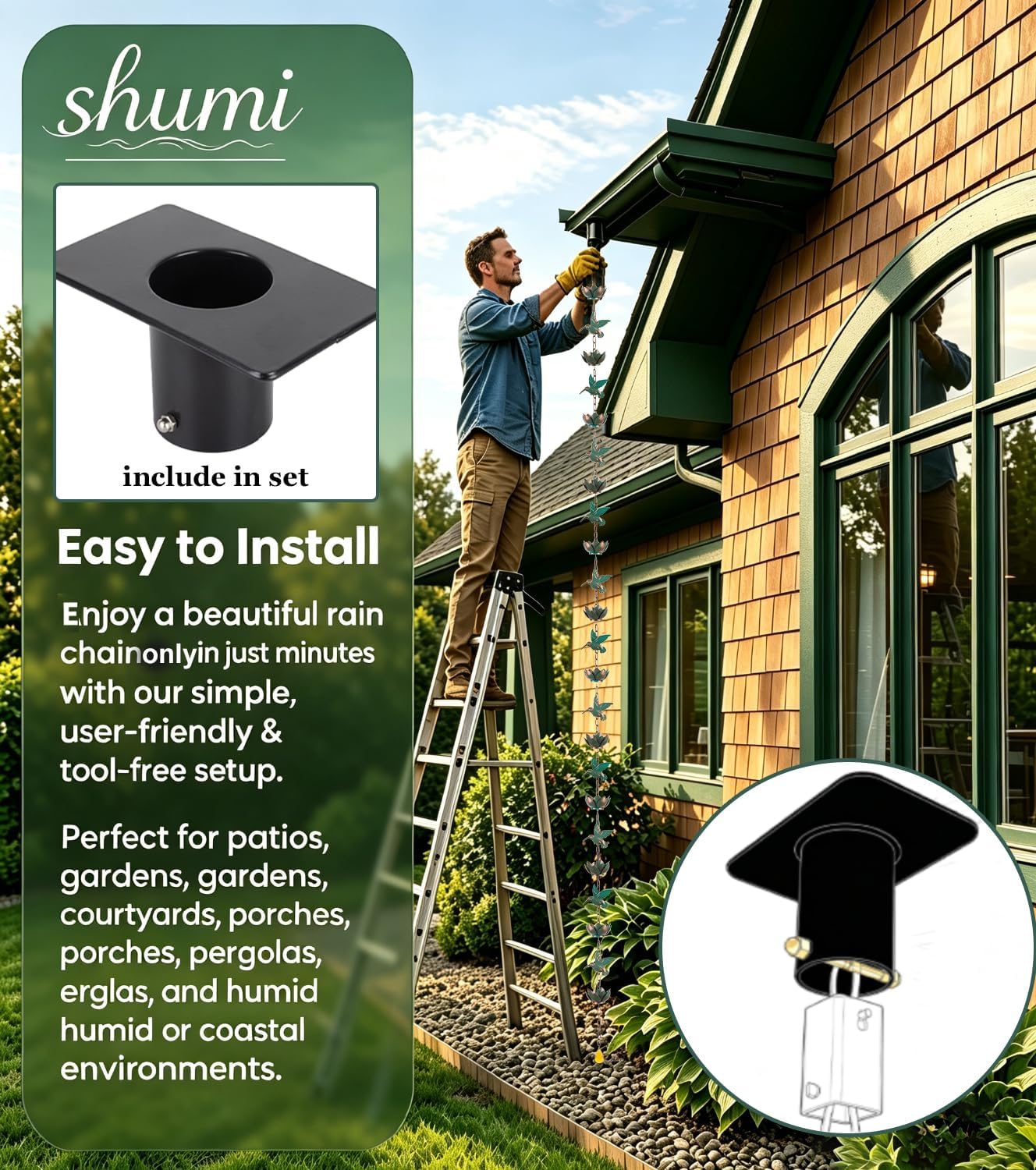 shumi Rain Chain for Gutters, 8.8 FT Decorative Heavy Duty Rain Chain | 12 Hummingbird & 12 Lotus Cups, Copper Plated