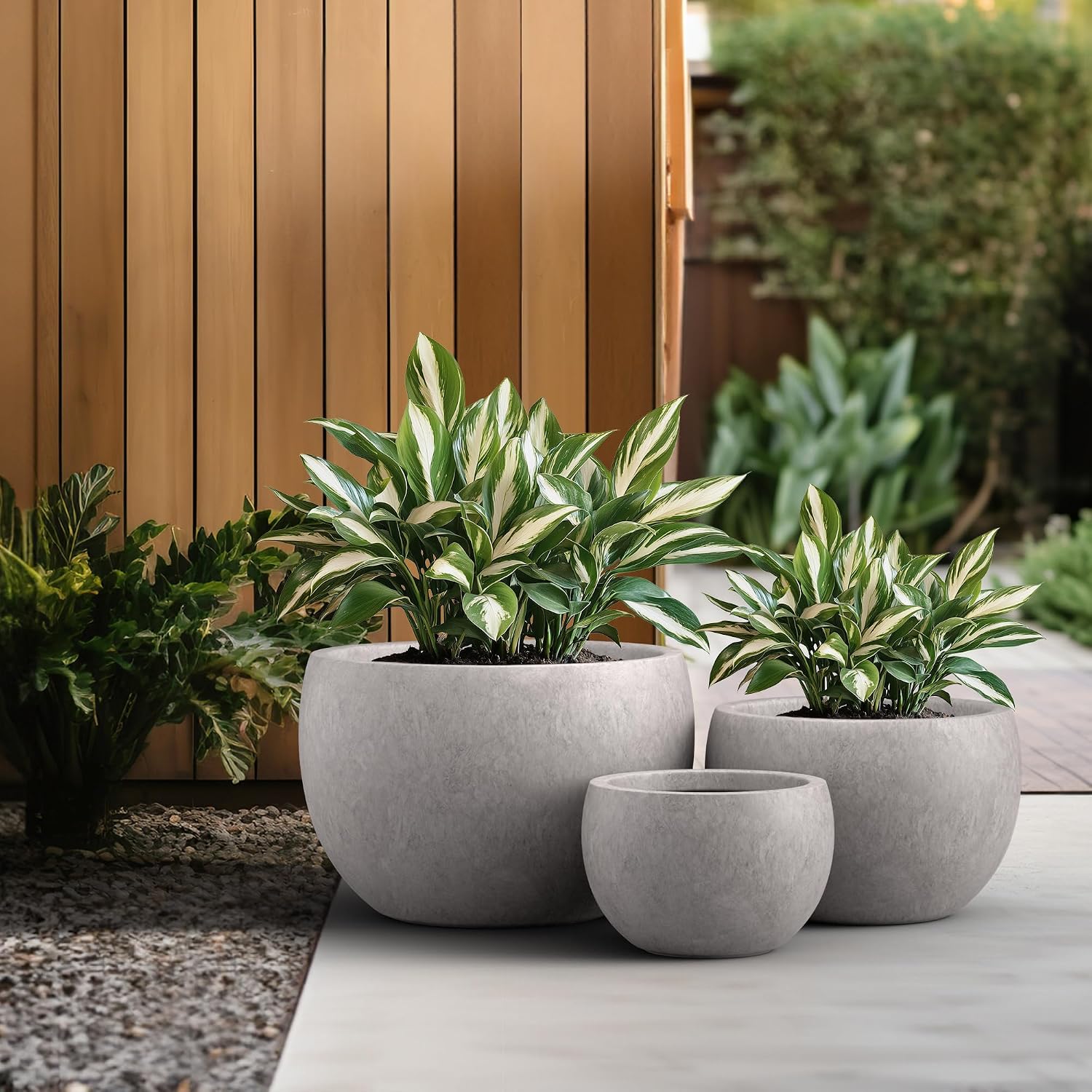 Kante Set of 3 CON Gray Concrete Bowl Planters 19.9" 15.7" 11.8" Dia | Drainage for Outdoor, Rubber Plug for Indoor