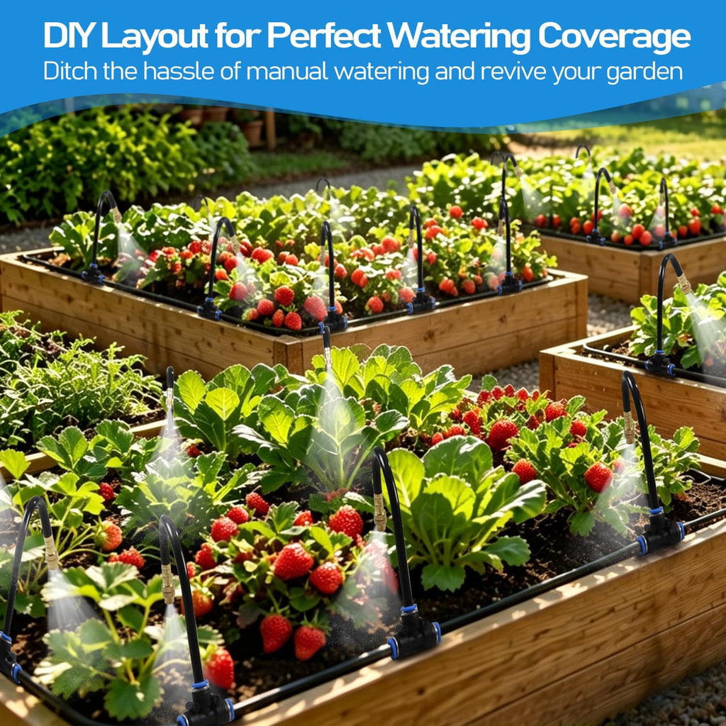 360° Adjustable Drip Irrigation System Kit, 50 FT Garden Watering System with 15 Copper Nozzles, Automatic Misting