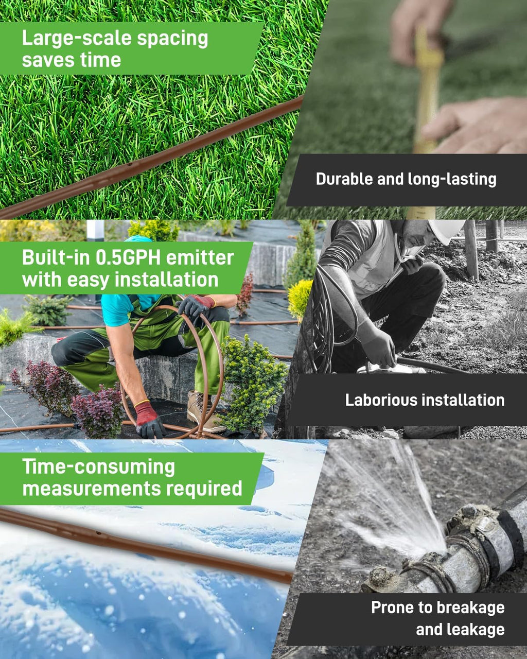 1/4" Drip Irrigation Tubing with 6" Emitter Spacing, (100 Ft Roll) Hydroponics Dripline with Built-in 0.5 GPH Dripper