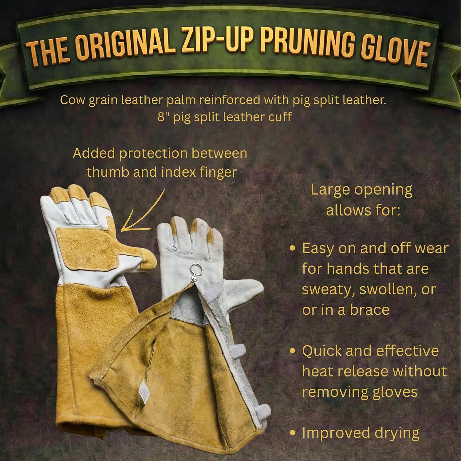 OGRE Zip-Up Rose Pruning Gloves, Long Leather Thorn Protection