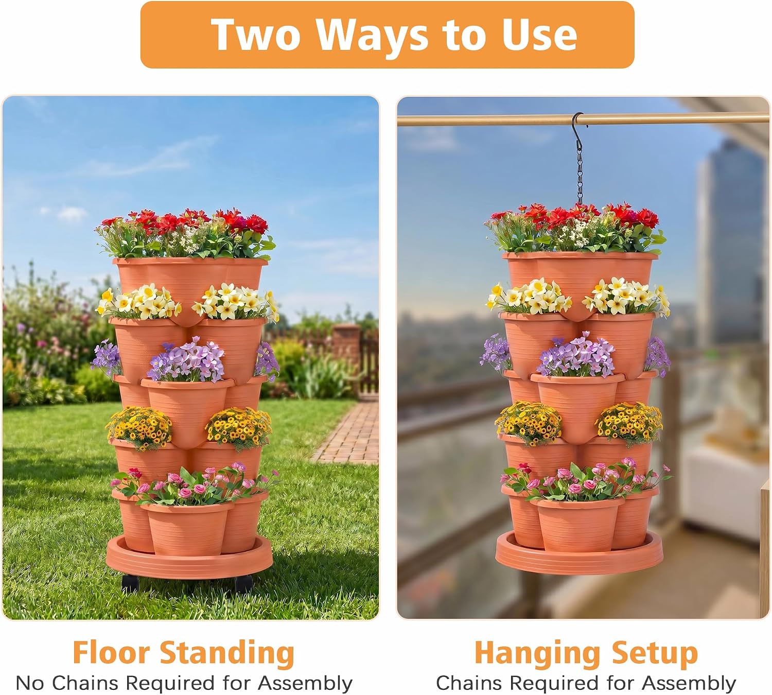 VECELO 5 Tier Vertical Garden Planter, Self Watering Stackable Planters with Wheels for Strawberries, Herbs, Flowers