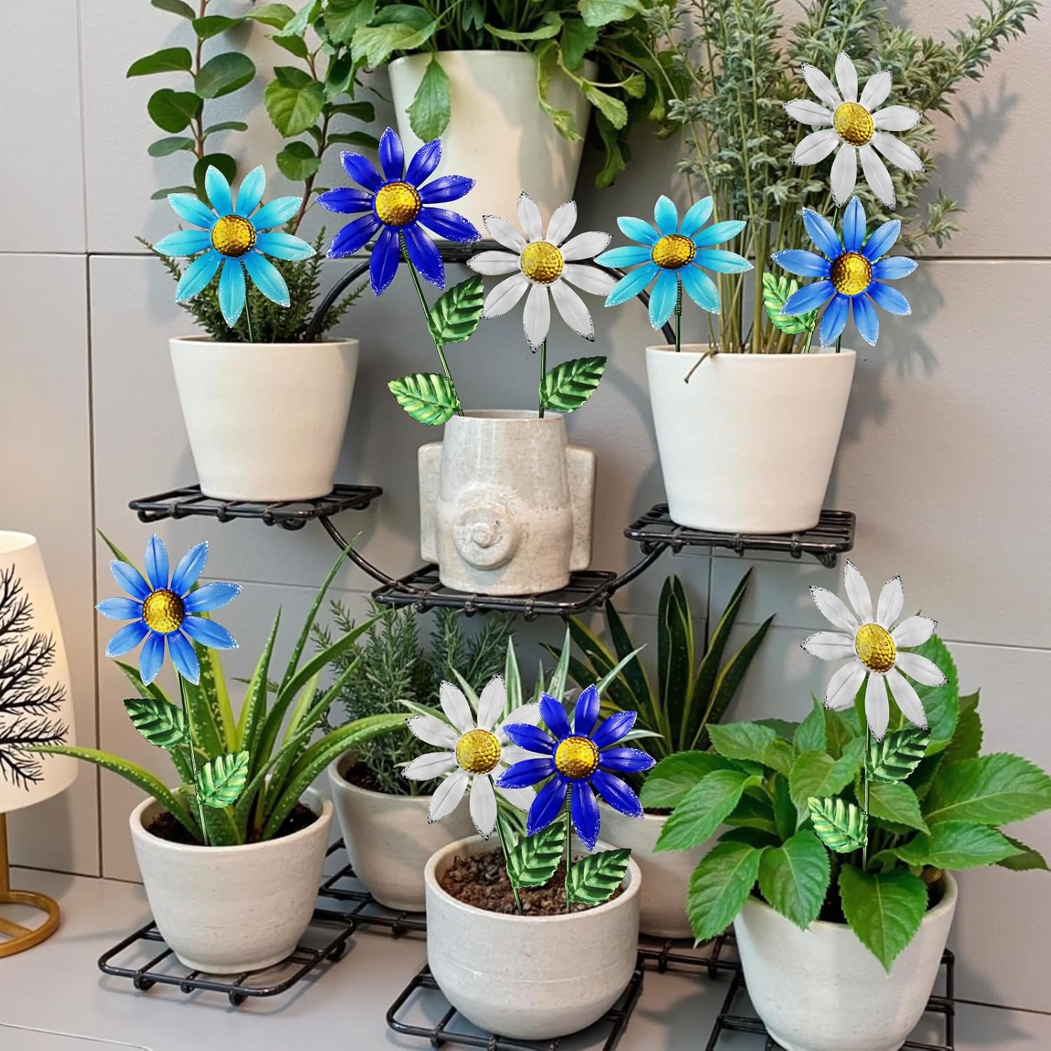 10-Pack 15.7-Inch Metal Garden Flower Stakes, Blue and White | 4.9 in wide heads with adjustable angles, for planters