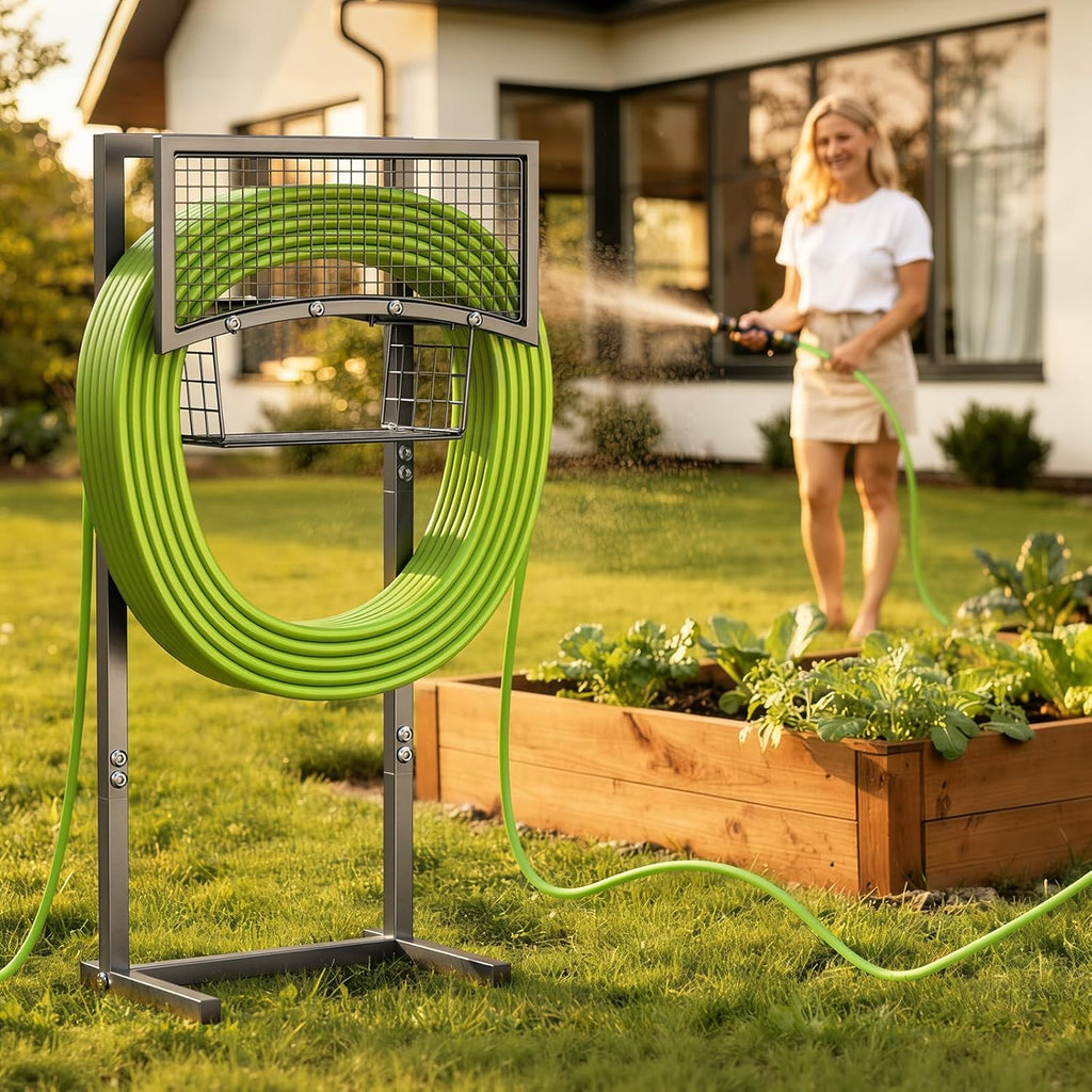 Garden Hose Holder Freestanding with Storage Basket, Holds Up to 165FT Hose, Heavy Duty Metal Water Hose Holder with 4