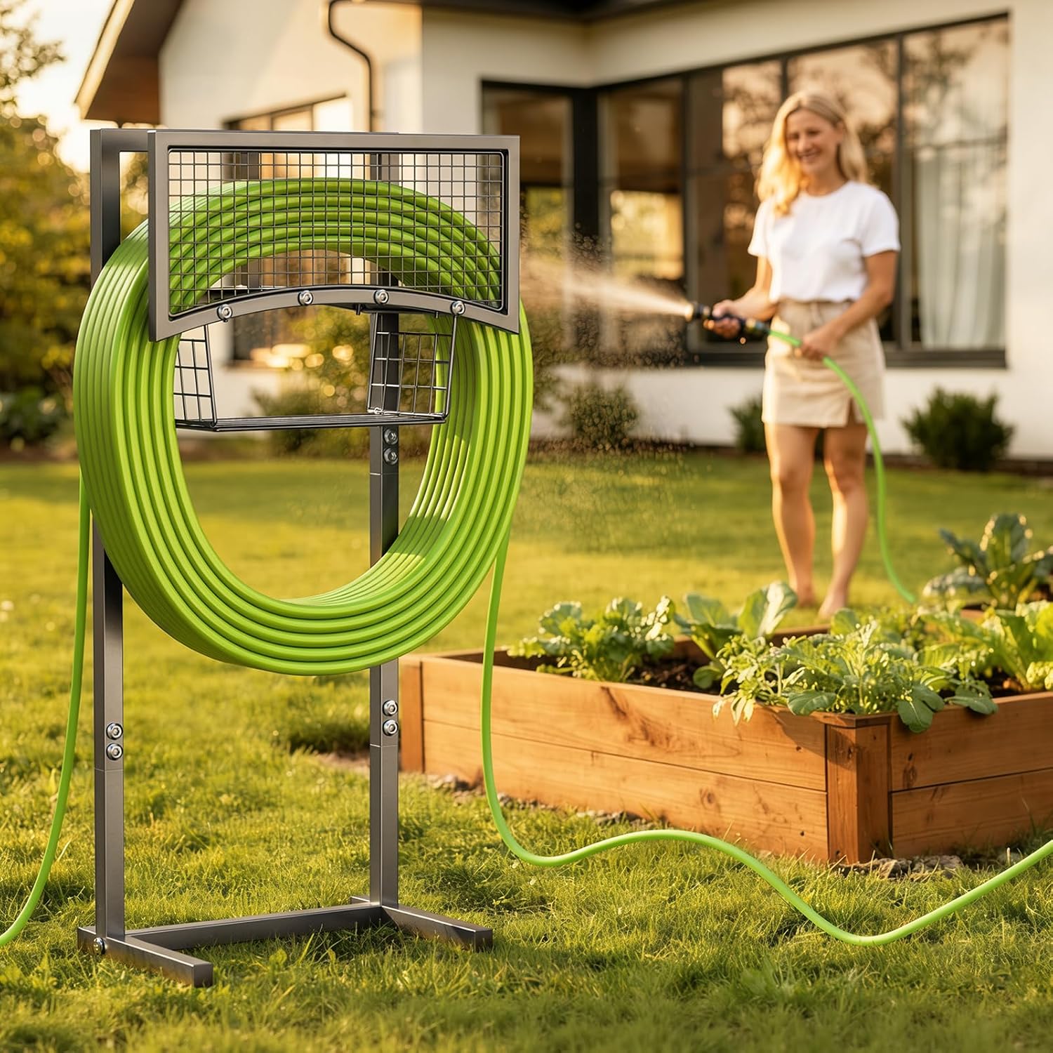 Garden Hose Holder Freestanding with Storage Basket, Holds Up to 165FT Hose, Heavy Duty Metal Water Hose Holder with 4