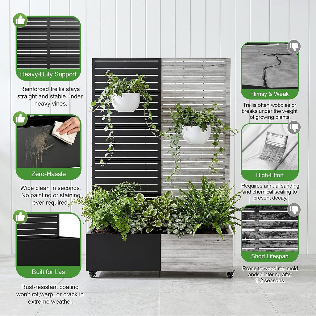Casaphoria Metal Raised Garden Bed with Trellis and Wheels, 72"x47"x16" Planter Box for Climbing Plants, Vegetables &