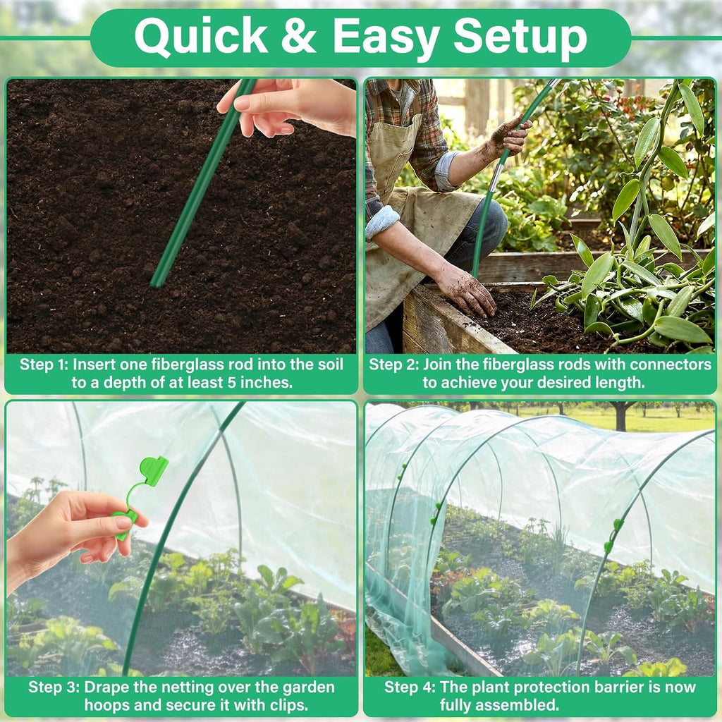 Garden Mesh Netting Kit for Raised Beds, 10x33FT Ultra Fine Mesh Netting& 6 Sets 8FT Fiberglass Garden Hoops, Insect
